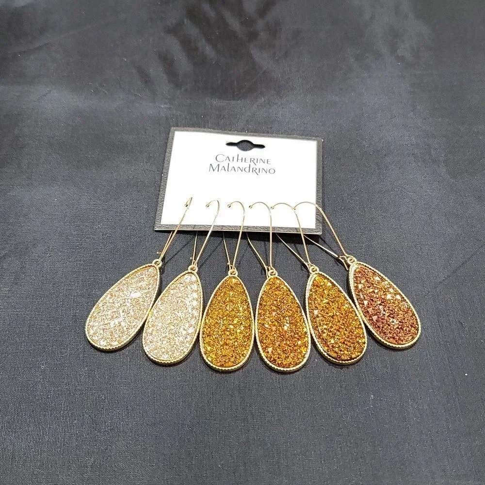 BRAND CATHERINE MALANDRINO FLAT TEARDROP DANGLE SPARKLY GLITTER CHARM EARRINGS
